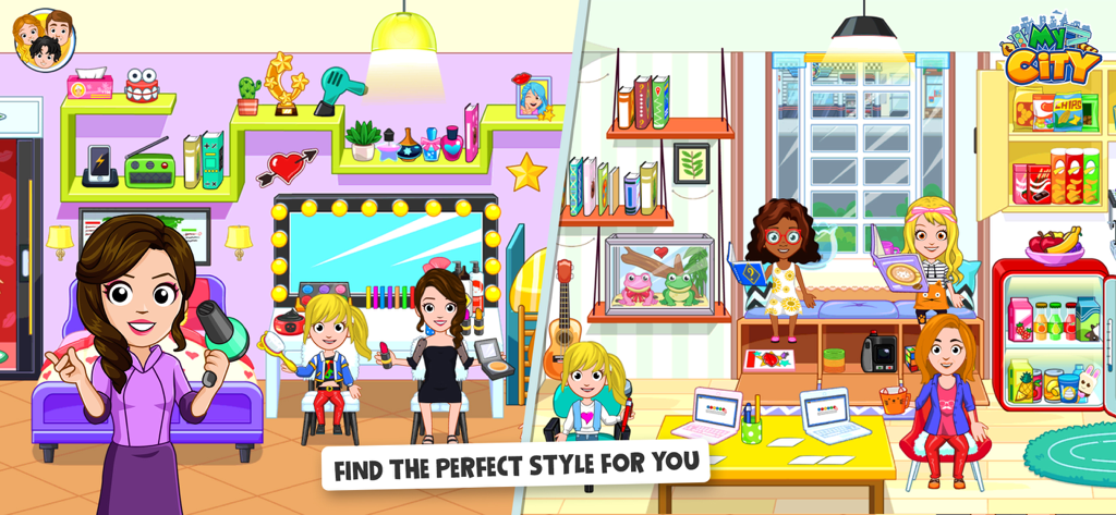 My City : Love Story - Split screen showing characters in a beauty salon and a living room in the My City Love Story app