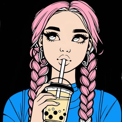 realistic girl with braided hair drinking boba