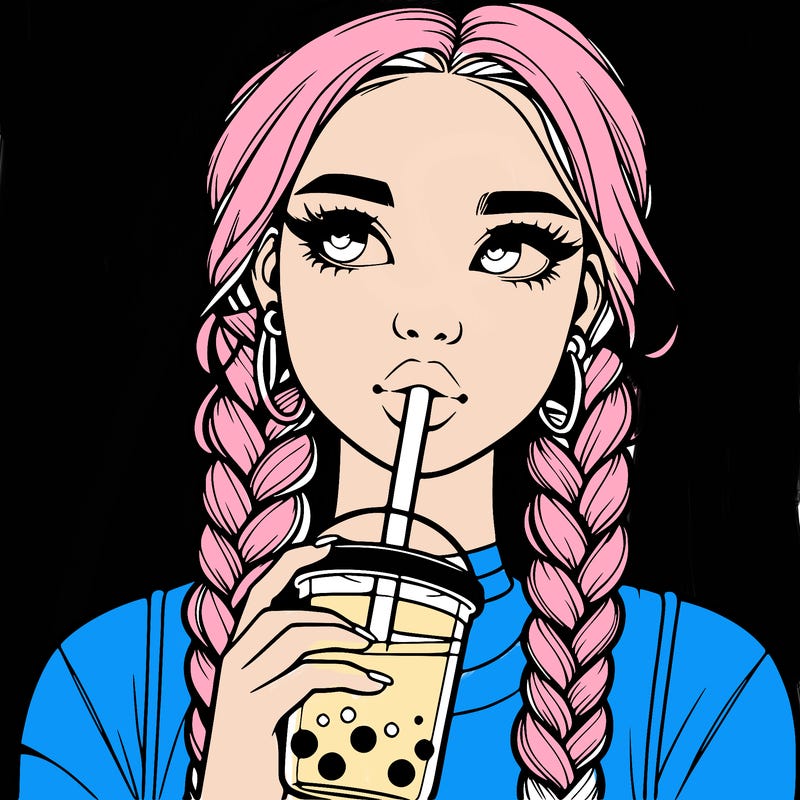 realistic girl with braided hair drinking boba