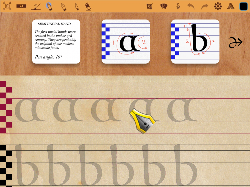Calligraphy Art - Calligraphy Art app practice screen for semi uncial hand lettering on iPad