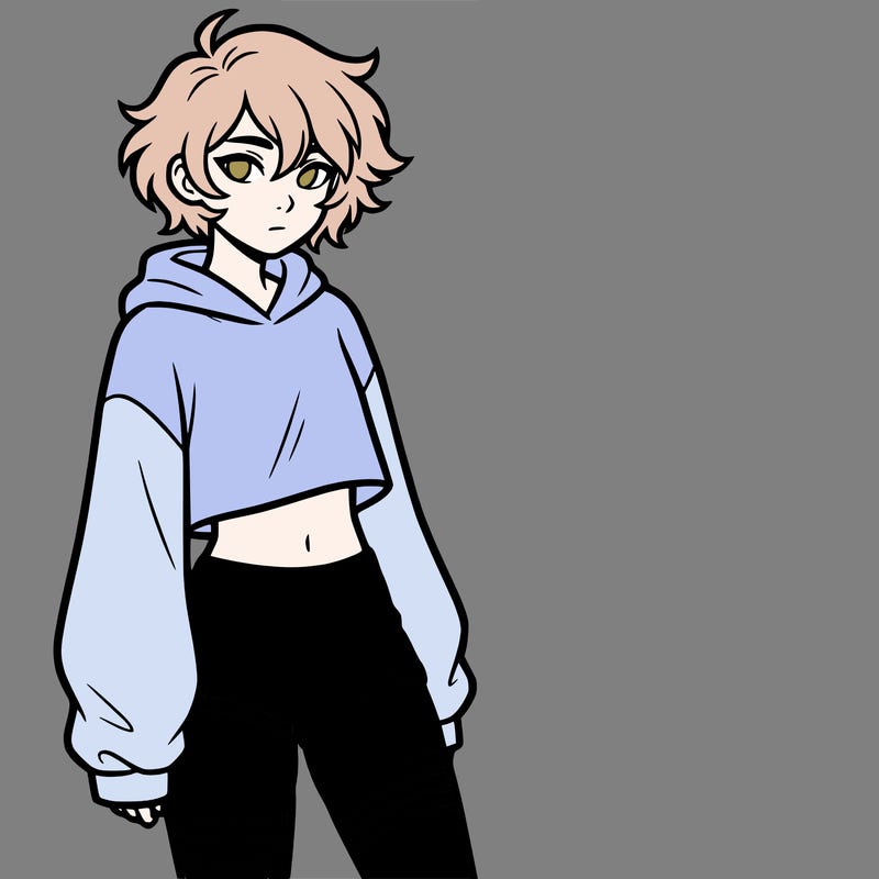 femboy with short hair wearing thigh highs and baggy crop top
