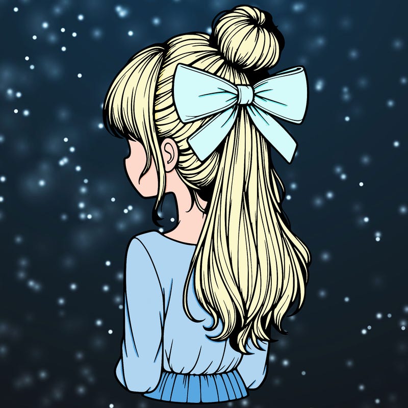 realistic girl  with hip length hair a bun and a big bow on the back of head