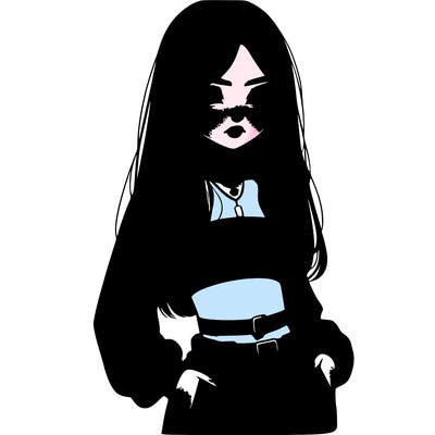 a girl with long black hair wearing a crop top and baggy pants. realistic girl.