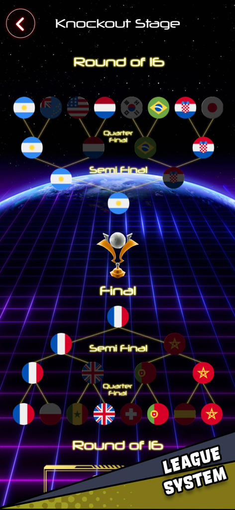 Air Hockey Glow HD Arcade 2D - A neon knockout stage tournament bracket in the Air Hockey Glow HD mobile game showing national flag icons.
