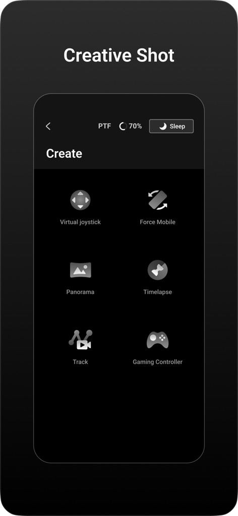 Interfaccia dell'app DJI Ronin che mostra opzioni di ripresa creativa tra cui joystick virtuale, forza mobile, panorama e time-lapse