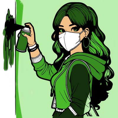 realistic girl with mask spray painting a wall
