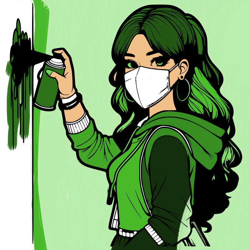 realistic girl with mask spray painting a wall