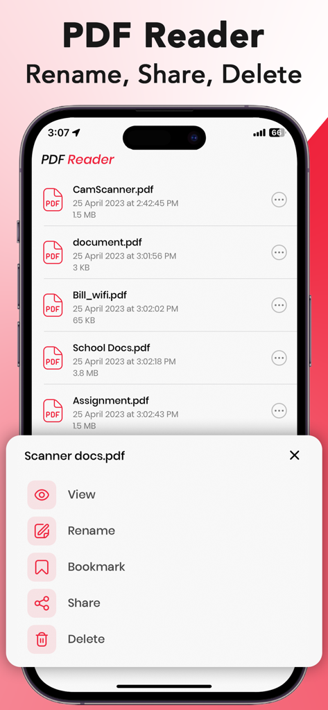 A menu in the PDF Reader app showing options to view, rename, bookmark, share, and delete documents on an iPhone.
