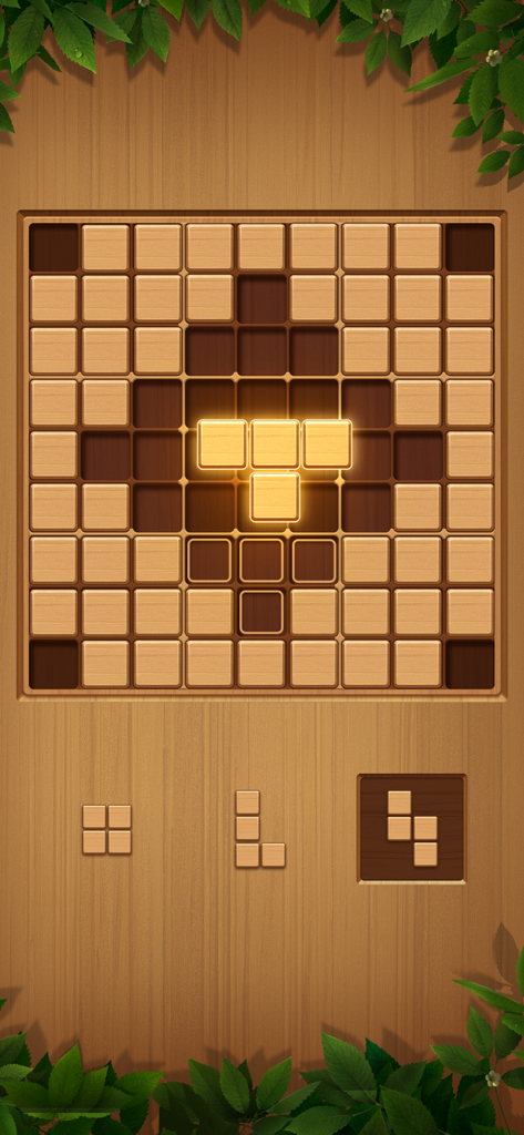 Block Puzzle-Wood Sudoku Game - A wooden block puzzle game board showing a glowing T shaped piece being placed amidst a natural wood aesthetic with green leaves