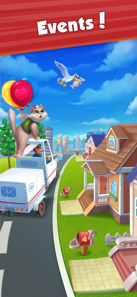 City Kitty Match - Winston the cat floating with colorful balloons chasing Shadow the seagull in a suburban neighborhood