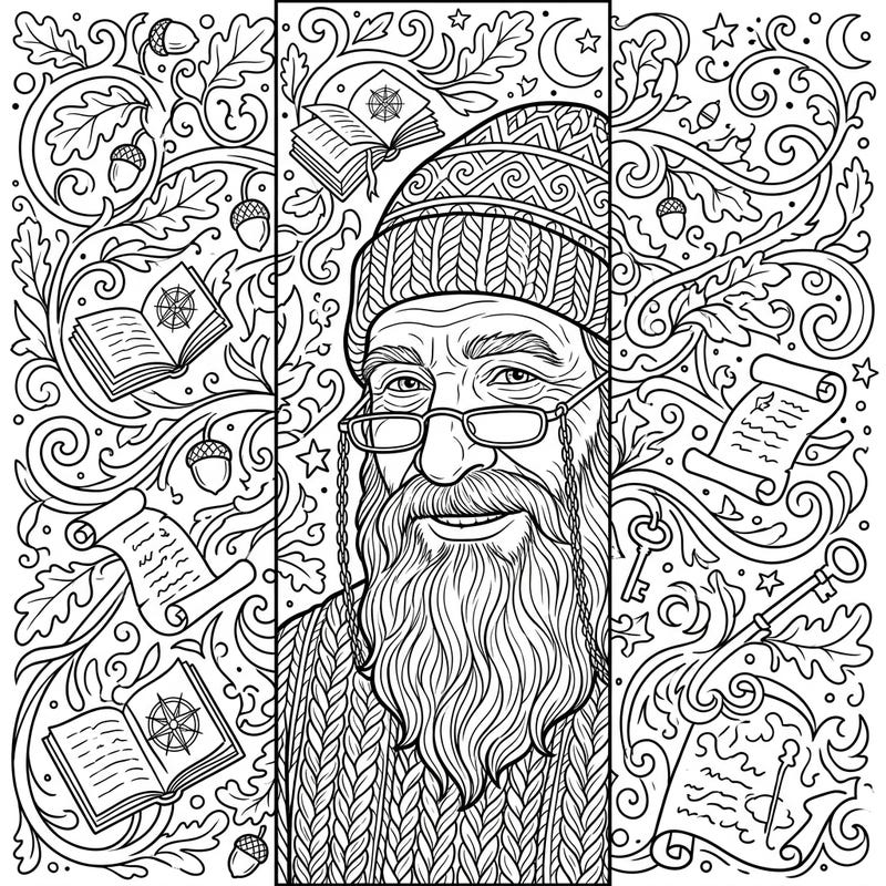 Discover the beauty of wisdom with this intricate elderly portrait bookmark coloring page. Perfect for adult colorists, this unique design combines a detailed face with mystical background elements.
