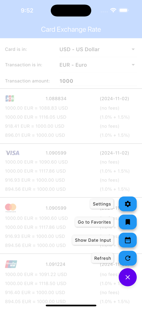 Visa Mastercard JCB 및 UnionPay 카드의 환율을 표시하는 통화 변환 인터페이스