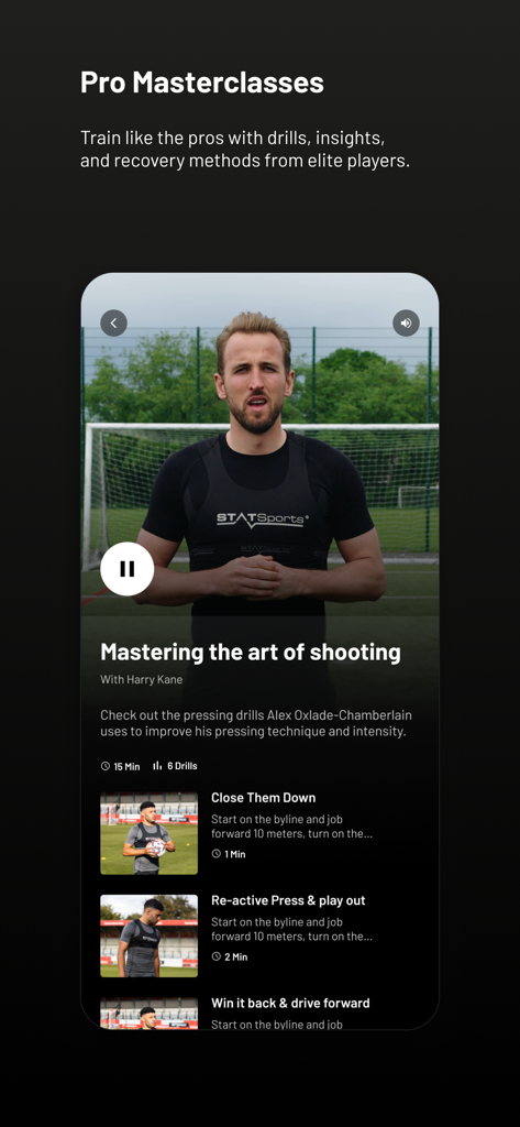 STATSports app screen displaying a professional football masterclass on shooting with Harry Kane