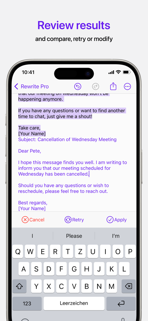 Rewrite Pro: AI Text Editor - Écran de smartphone affichant l'interface de l'application Rewrite Pro pour examiner et comparer le texte édité par IA pour un e-mail