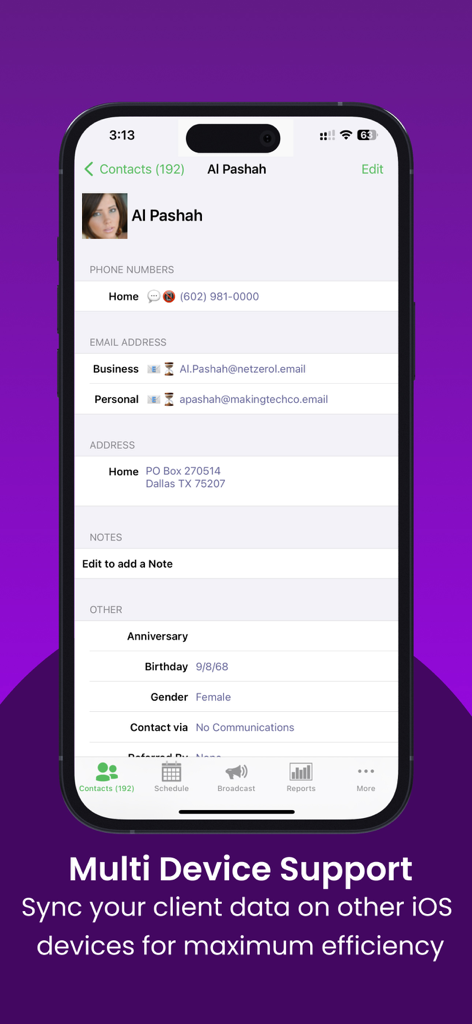 A client profile in the MyChair app showing contact details, personal info, and a banner for multi-device support.