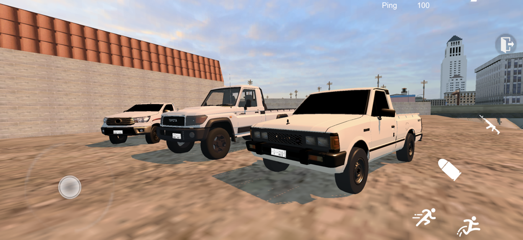 نورث سيتي - هجوله و حوادث - Three customized white pickup trucks parked in an open world city environment in North City Hajwala