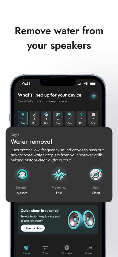 Ultrasonic Speaker Cleaner - Ultrasonic Speaker Cleaner app interface showing the water removal tool with low frequency sound waves