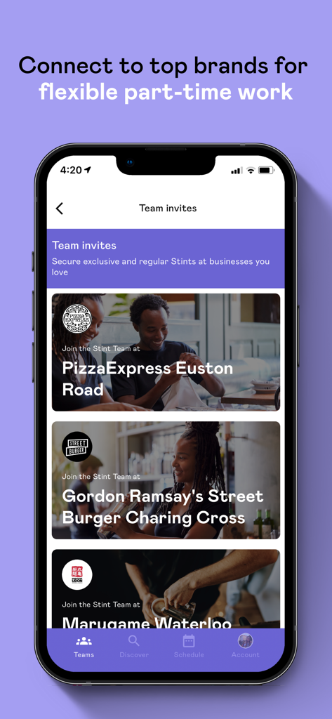 Mobile app screen showing job invitations from top brands for flexible student work in hospitality