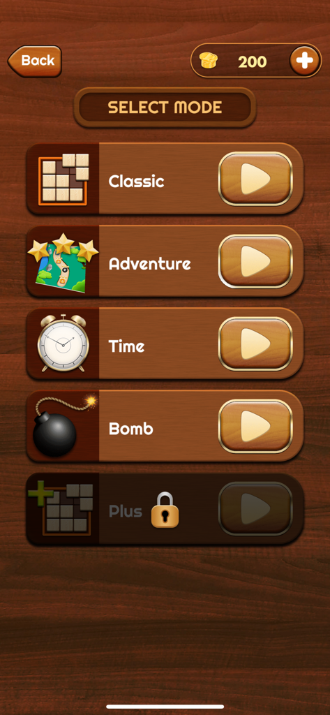 Woody Extreme Block Puzzle game mode selection menu showing Classic Adventure Time and Bomb modes