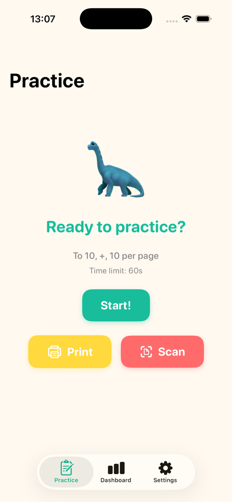 Count with Kids - Pantalla de inicio de práctica de matemáticas de Count with Kids con tema de dinosaurio