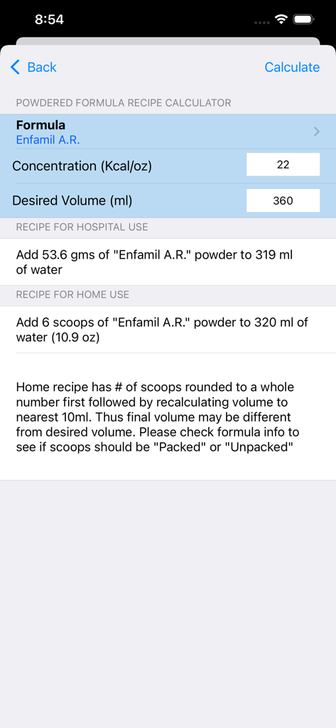 Infant Nutrition Calculator - Écran de calcul de recette de lait maternisé en poudre avec des instructions de préparation à l'hôpital et à domicile pour Enfamil AR