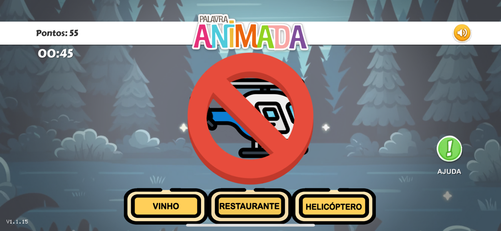 Childrens literacy game screen with word association and a helicopter icon