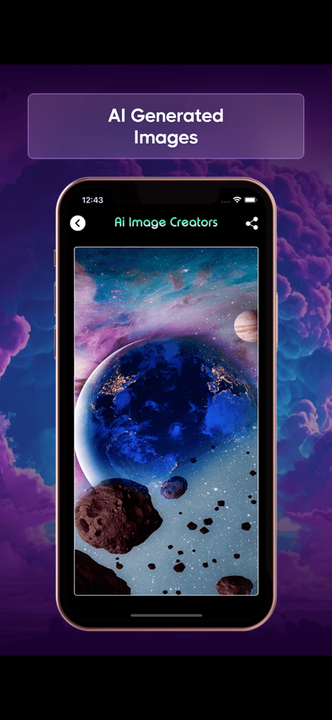 Ai Image Creators - An AI-generated space scene featuring Earth and asteroids shown in the Ai Image Creators mobile app interface.