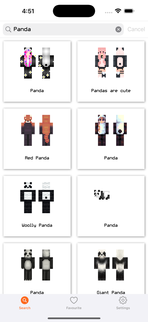 Animal Skins for Minecraft ! - A grid of various panda skins for Minecraft including Red Panda and Giant Panda.