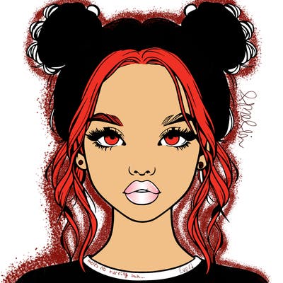 realistic girl with two buns in hair and lips