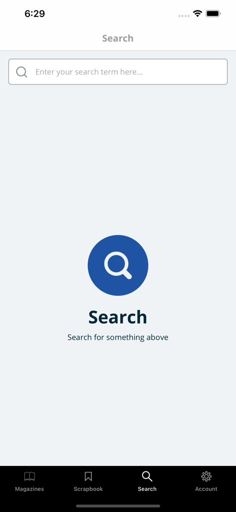 Interface de recherche de l'application mobile The World of Interiors comportant une barre de recherche et une icône de loupe