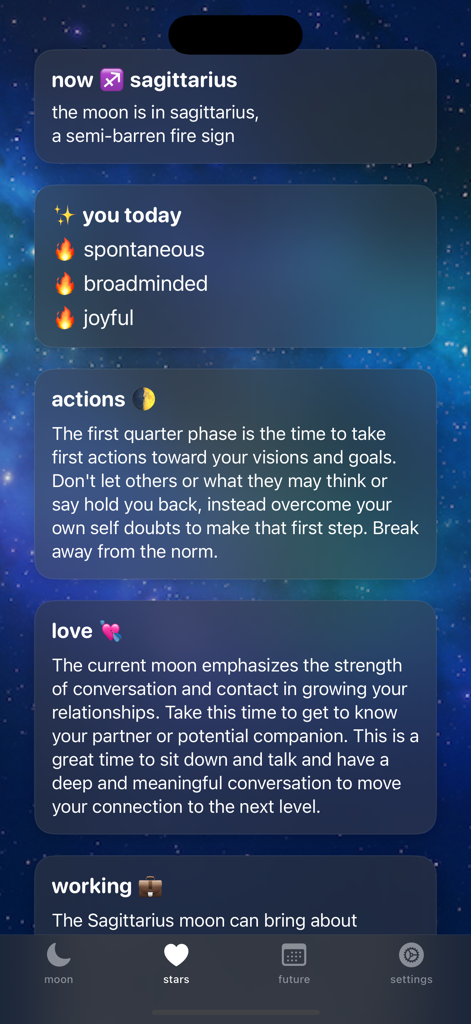 Astrological predictions and moon sign insights in the Full Moon Phase app interface.