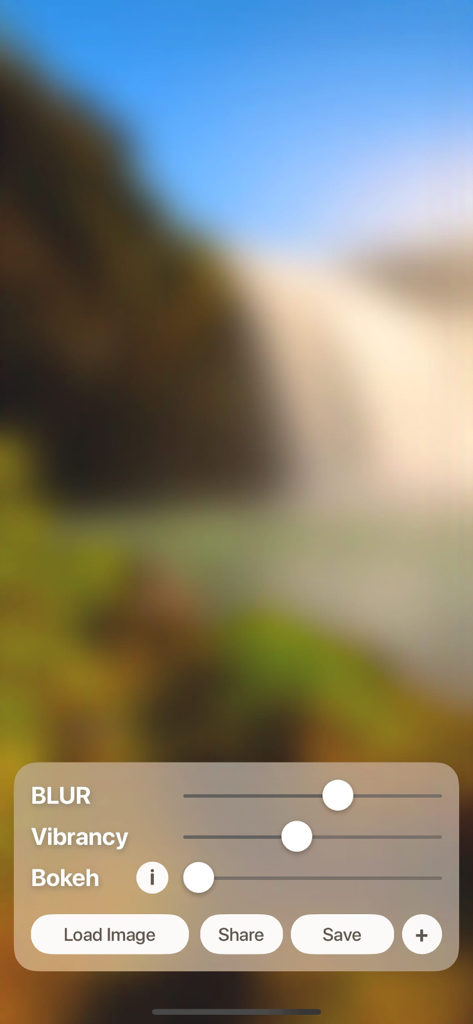 BlurMe - Blur wallpapers - BlurMe app interface with sliders for adjusting blur vibrancy and bokeh effects on a wallpaper
