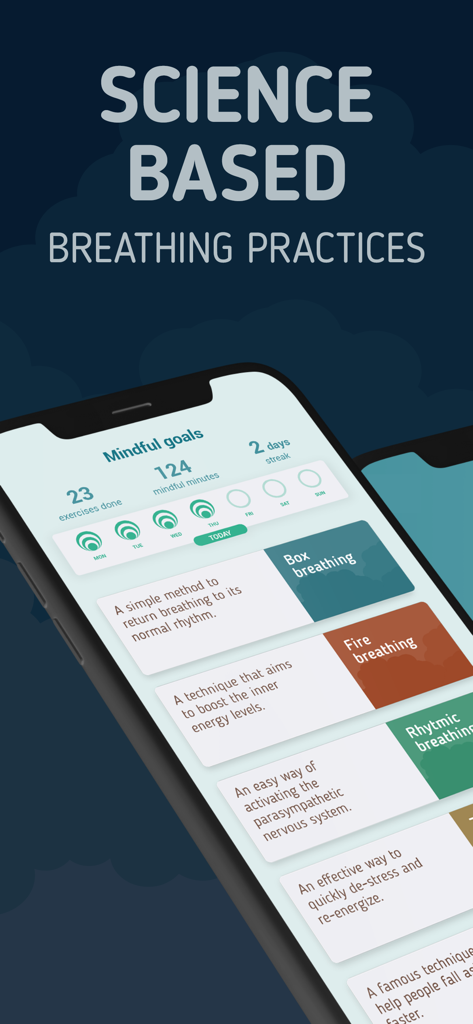 Breah app interface showing mindful goals and science-based breathing exercises on an iPhone