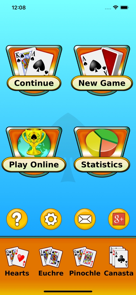 Spades - Play online & offline - Menú principal de la aplicación de juego de cartas Spades con botones de Juego Nuevo, Jugar en línea y Estadísticas.