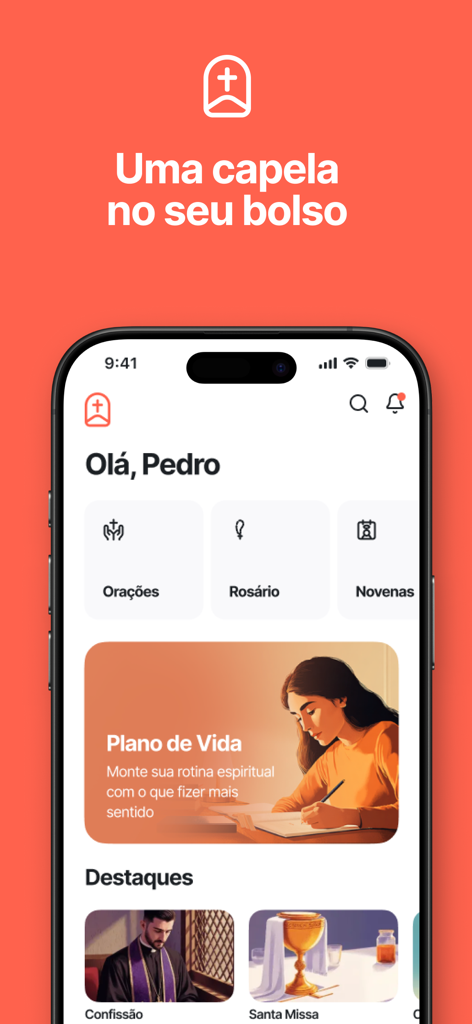 Homepage of the Capela app featuring Catholic prayers, Rosary, and a spiritual life plan