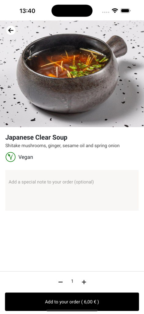 Kenko Food & Deli - Product page for a vegan Japanese Clear Soup with shiitake mushrooms and ginger in the Kenko Food and Deli app.