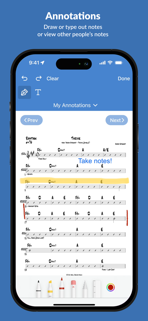Planning Center Music Stand annotations feature showing digital notes on a sheet music chart