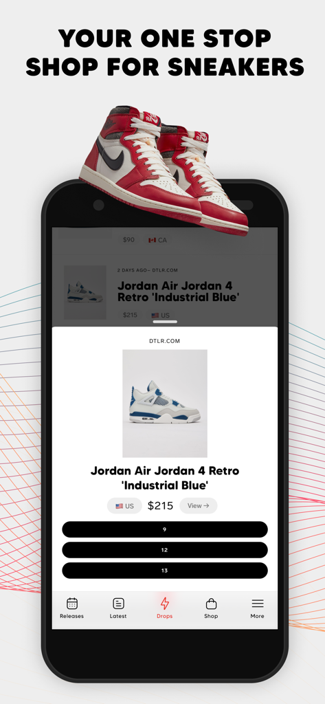 DROPS by SoleSavy - Sneakers - DROPS by SoleSavy app interface displaying Jordan Air Jordan 4 Retro sneaker release details and pricing
