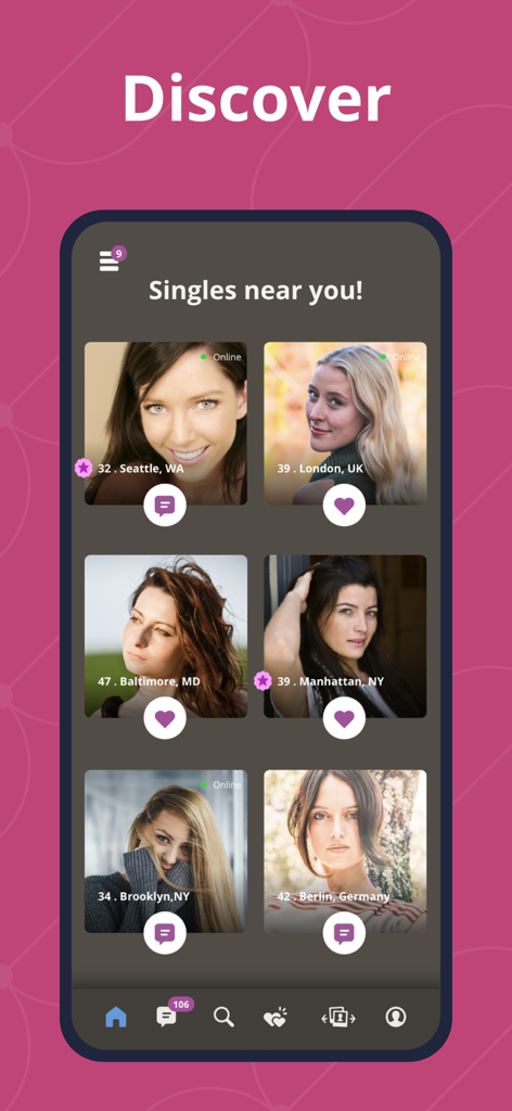 Interface de l'application de rencontre albanaise montrant une liste de profils de femmes célibataires avec des informations sur la localisation et l'âge
