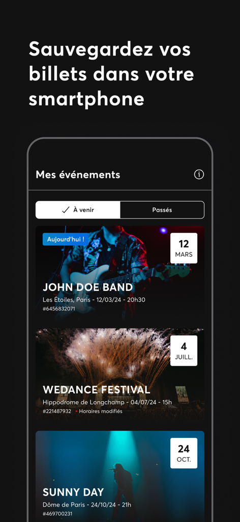 Smartphone-Bildschirm zeigt die Fan Wallet App mit einer Liste anstehender Konzert- und Veranstaltungstickets.