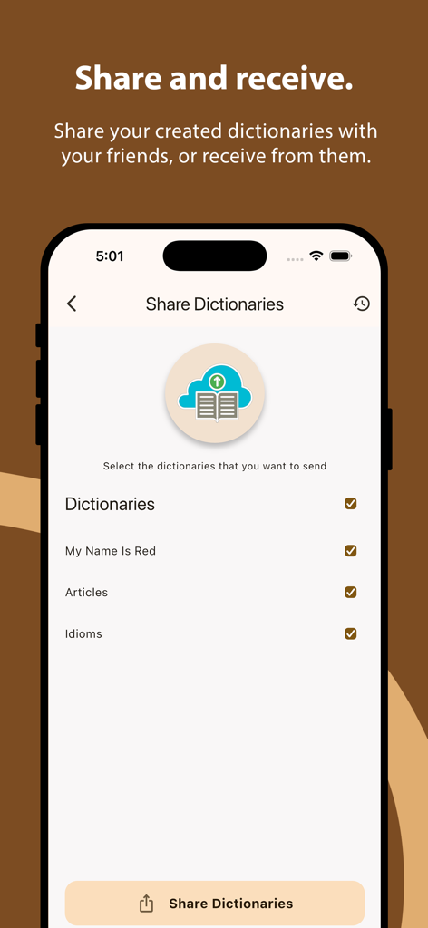 Interfaz de la app Crear Diccionario mostrando la función para compartir y recibir diccionarios