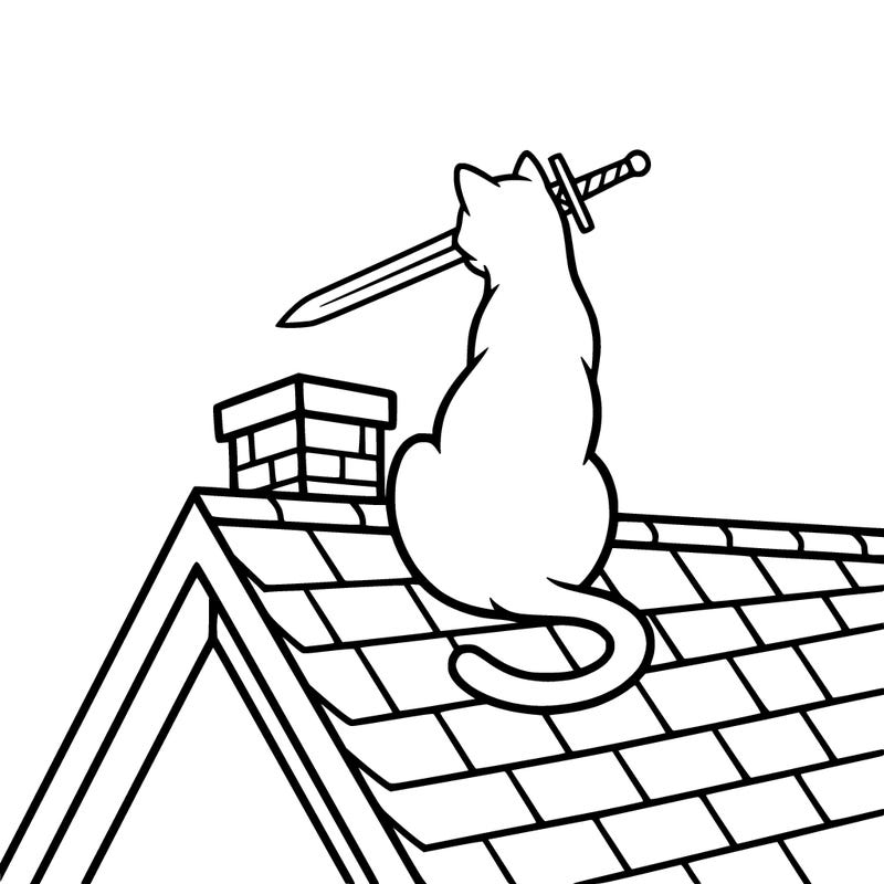 cat holding a sword in his mouth facing away from the camera sitting on top of a house’s roof