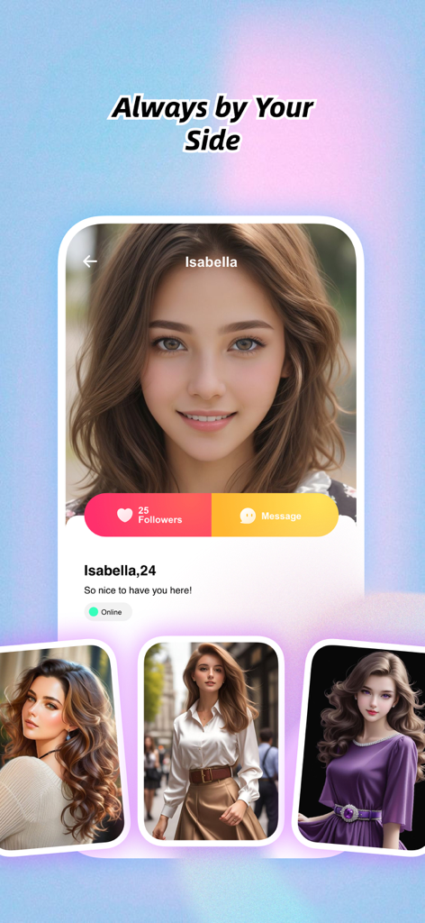 Kisu Pro - Kisu Pro mobile app screen showing a profile for an AI companion named Isabella with the tagline Always by Your Side.