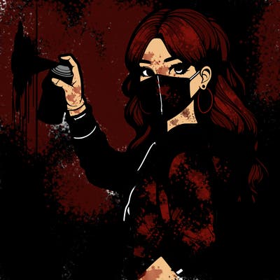 realistic girl with mask spray painting a wall