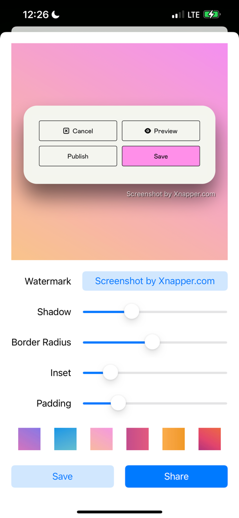 Xnapper - Beautiful Screenshot - Interfaz de la aplicación móvil Xnapper que muestra herramientas de edición de capturas de pantalla para degradados de fondo, sombras y radio de borde