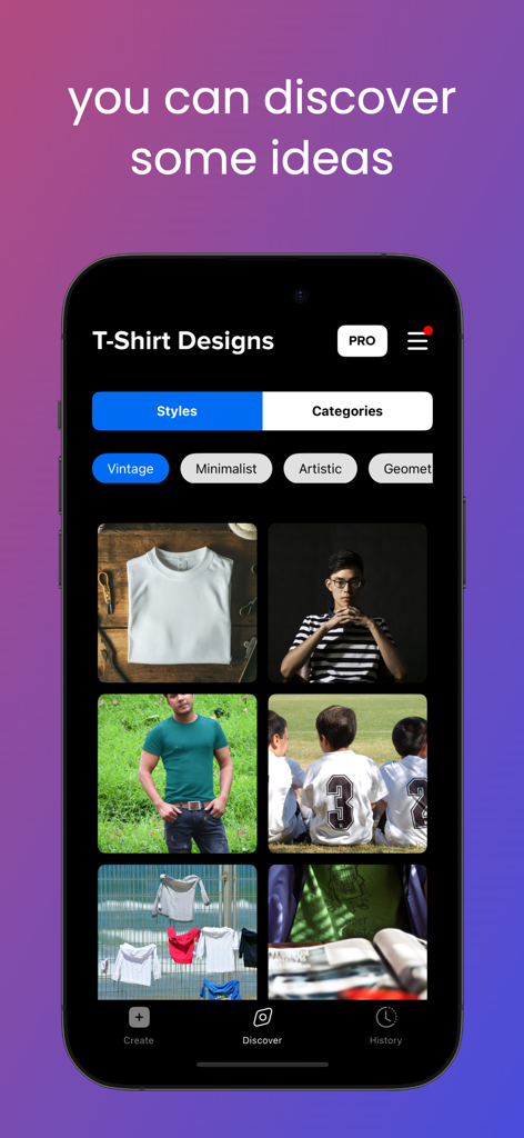 T-Shirt Designer: AI Fashion - Discover screen of the T-Shirt Designer AI Fashion app showing clothing design categories like vintage and minimalist for inspiration.