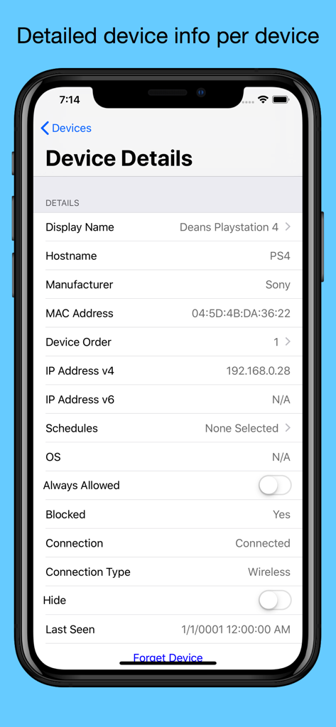 WiFi Blocker - WiFi Blocker app screen showing detailed network information and internet blocking status for a PlayStation 4 console