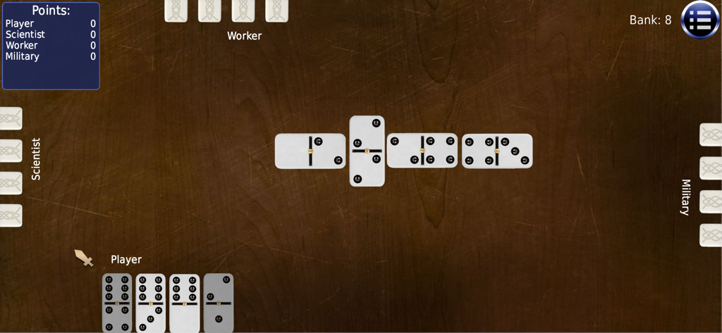 Board and card games - Digital dominoes game interface showing tiles on a wooden background with four players