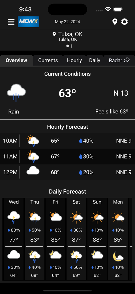 MCWX - MCWX weather app overview showing current conditions and daily forecast for Tulsa Oklahoma