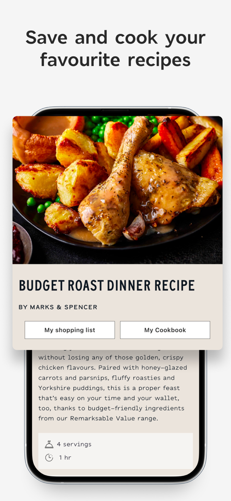 M&S app screenshot showing a budget roast dinner recipe with buttons for a shopping list and cookbook.